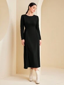 Seusyu Chất rắn Ren Up Side Đầm - màu đen - Xem 4