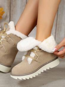 Flat Casual Short Boots For Autumn & Winter, Keeping Warm & Snow Boots - Beige - View 4