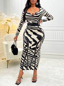 SHEIN Slayr Allover Print Notched Neckline Bodycon Dress - Black - View 4