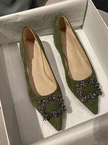 2025年秋季时尚黑色职业女士平底鞋，粗跟，水钻扣