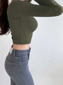 DAZY Camiseta corta de unicolor para mujer, ropa de otoño con manga larga para mujer