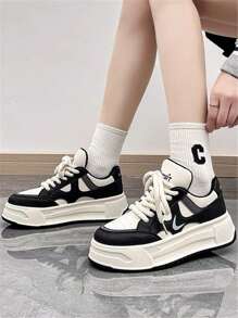 Của phụ nữ Giải trí Giày thể thao Đen Và Trắng Giày phẳng Thoải mái Lace-up Đế dày Nâng cao Giày thể thao Đối với Học sinh - màu đen - Xem 1