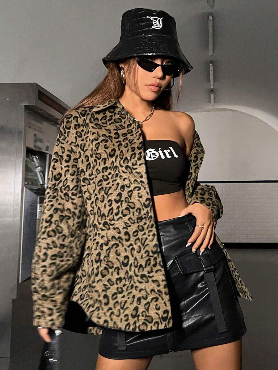 SHEIN EZwear Leopard Print Drop Shoulder Overcoat - Multicolor - View 1