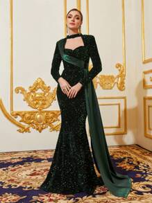 Mock Neck Cut Out Front Sequin Mermaid Dress - Dark Green - View 4