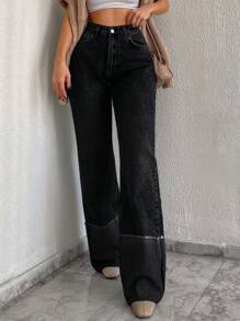 SHEIN Cottnline Straight Leg High Waisted Jeans - Black - View 5