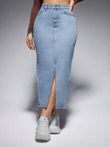 SHEIN EZwear 女士牛仔半身裙 - 藍色 - 查看 3