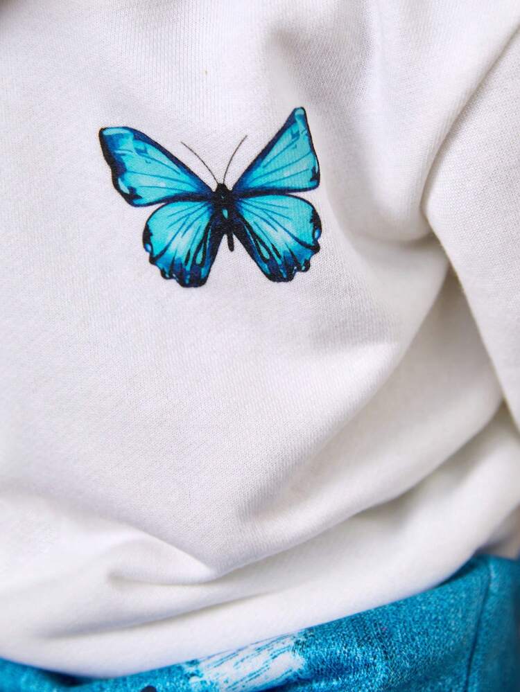 Baby Girl Casual Butterfly Pattern Hooded Sweatshirt And Pants Set