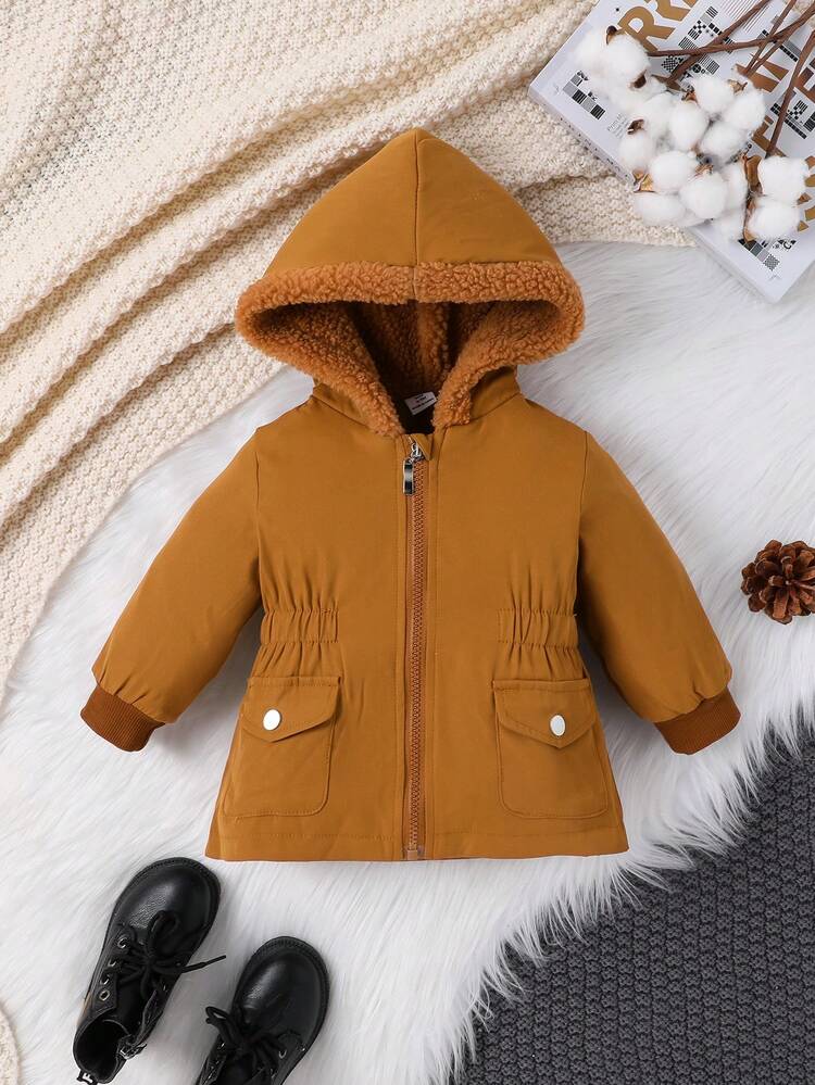 Baby Girl Flap Pocket Teddy Lined Hooded Jacket