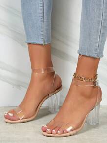 Spring/Summer Women's Clear Strap Crystal Heels Sandals, Sexy High Heeled Shoes For Women - Apricot - View 5