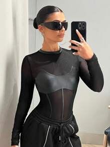 SHEIN ICON Body de malla transparente en contraste - Negro - Ver 5