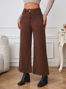 SHEIN Frenchy 高腰闊腿牛仔褲 - 咖啡棕 - 查看 6