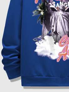 ROMWE MEN Street Life Men Angel Slogan Printed Hoodie - Blue - View 4