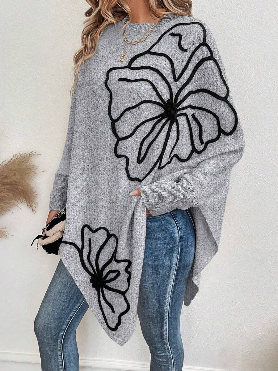 EMERY ROSE Floral Pattern Batwing Sleeve Asymmetrical Hem Knit Pullover Fall Winter Sweater - Grey - View 1