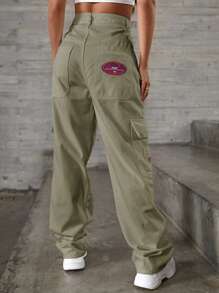 RueChic Flap Pocket Side Letter Embroidery Cargo Jeans - Khaki - View 2
