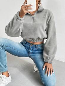 SHEIN Essnce Một nửa khóa kéo Thả vai Mùa vụ Teddy Áo nỉ - Xám - Xem 3