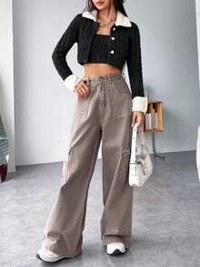 SHEIN EZwear 2入組毛絨領釦前開衫和細肩帶針織上衣 - 黑色 - 查看 5