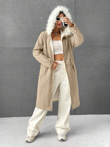 SHEIN EZwear 腰部抽繩毛茸邊連帽外套 - 駝色 - 查看 6