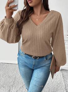 Celure Plus Size Solid Color Lantern Sleeve T-shirt - Khaki - View 1