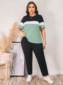 SHEIN LUNE Plus Colorblock Tee & Drawstring Waist Pants For Summer - Multicolor - View 4