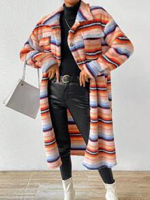 Chiquease Striped Print Drop Shoulder Flap Pocket Coat - Multicolor - View 5