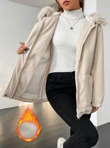 SHEIN LUNE Palton cu glugă cu buzunare înclinate - Caisă - Vizualizare 7