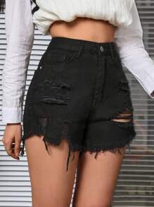 Ripped Raw Hem Denim Shorts - Black - View 5