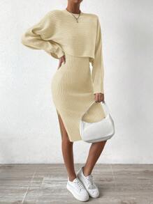 SHEIN Essnce de manga murciélago Jersey crop & tejido de canalé Vestido - Albaricoque - Ver 7