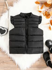 SHEIN Young Girl 1pc Ruffle Trim Zipper Vest Padded Coat - Black - View 5