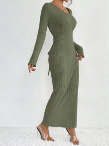 SHEIN Essnce 素色條紋針織後打結緊身洋裝 - 軍綠色 - 查看 4
