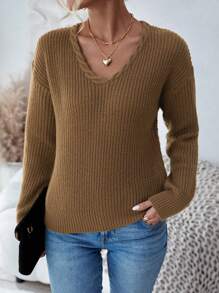 SHEIN LUNE Suéter de Tricô com Ombros Caídos Sólido para Outono e Inverno - Caqui - Visão 5