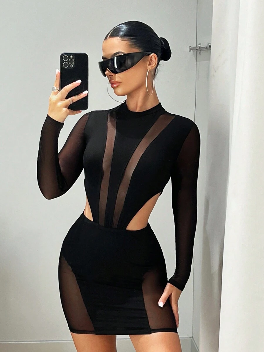 SHEIN ICON Contrast Mesh Cut Out Waist Bodycon Dress - Black - View 1