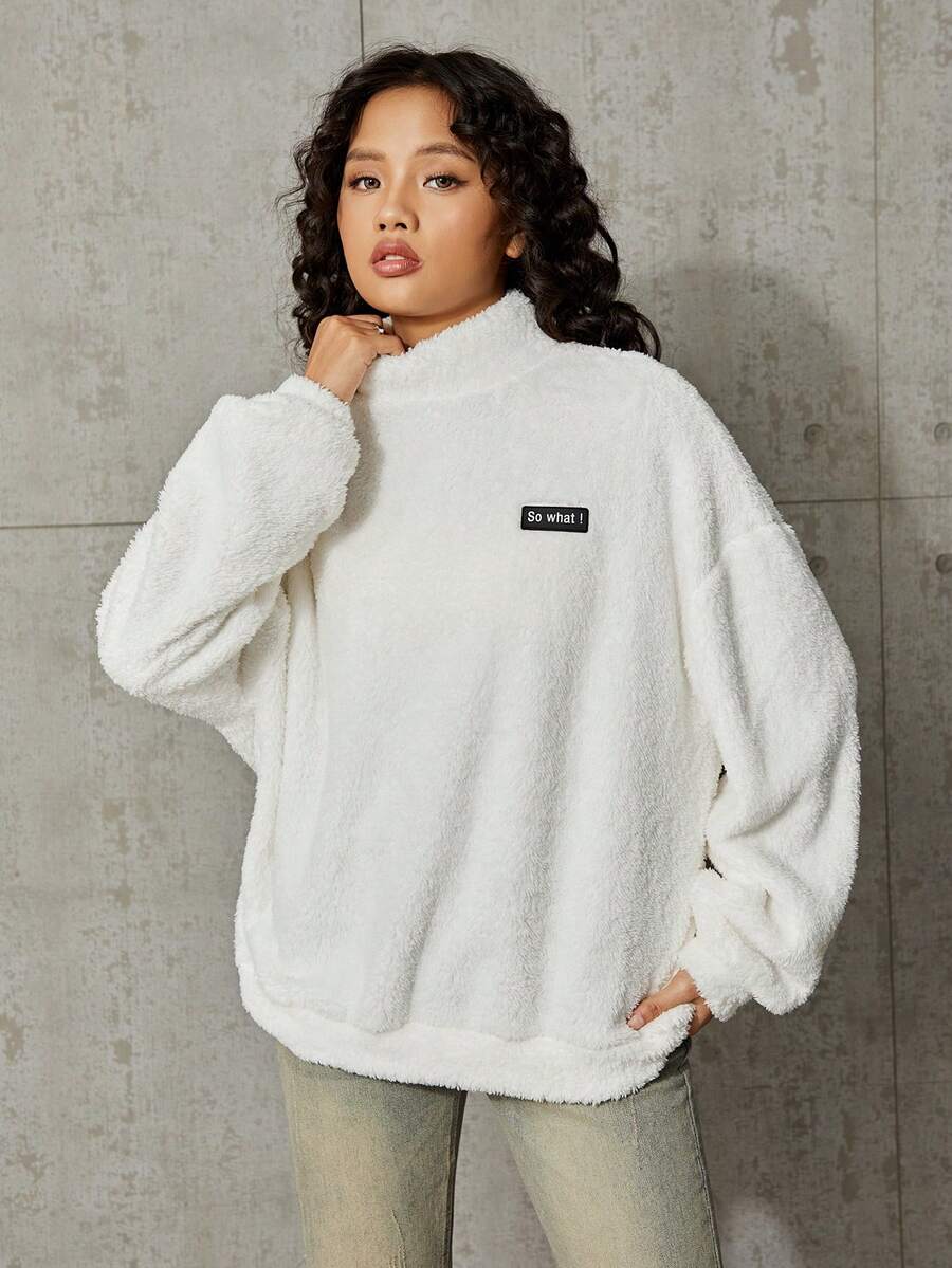SHEIN Teen Girl Letter Patched Drop Shoulder Teddy Sweatshirt - White - View 1
