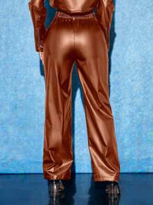 SHEIN PETITE Patch Pocket Seam Front Pants ,Petite Women - Brown - View 2