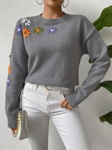 SHEIN Essnce Thêu hoa Thả vai Áo len - Xám - Xem 4