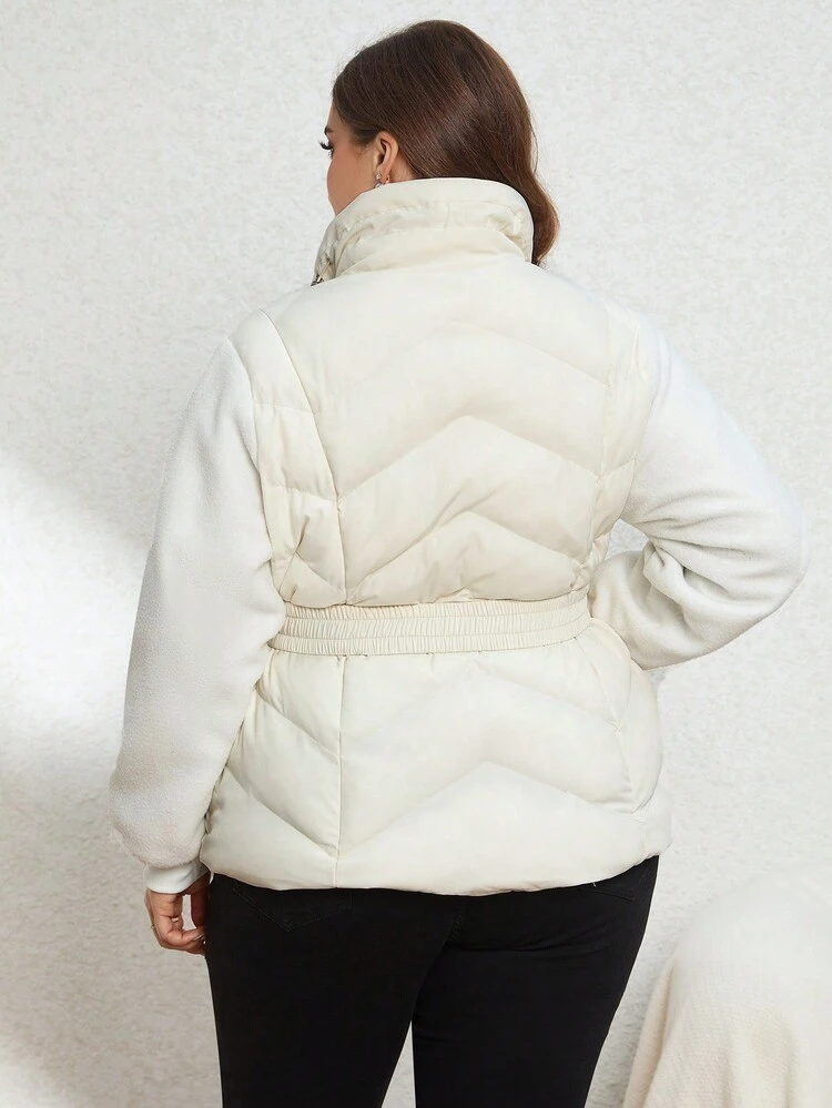 Plus Size Winter Patchwork Long-Sleeved Jacket With Waistband And Waist Design