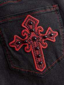 ROMWE Grunge Punk Women's Plus Size Flared Jeans With Cross Embroidery - Black - View 4