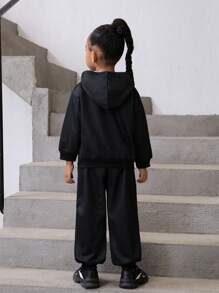 SHEIN 女小童蝴蝶圖案連帽衫和運動褲 - 黑色 - 查看 2