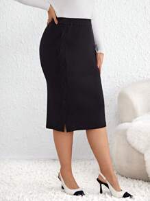 SHEIN Clasi Plus Solid Split Hem Sweater Skirt - Black - View 1