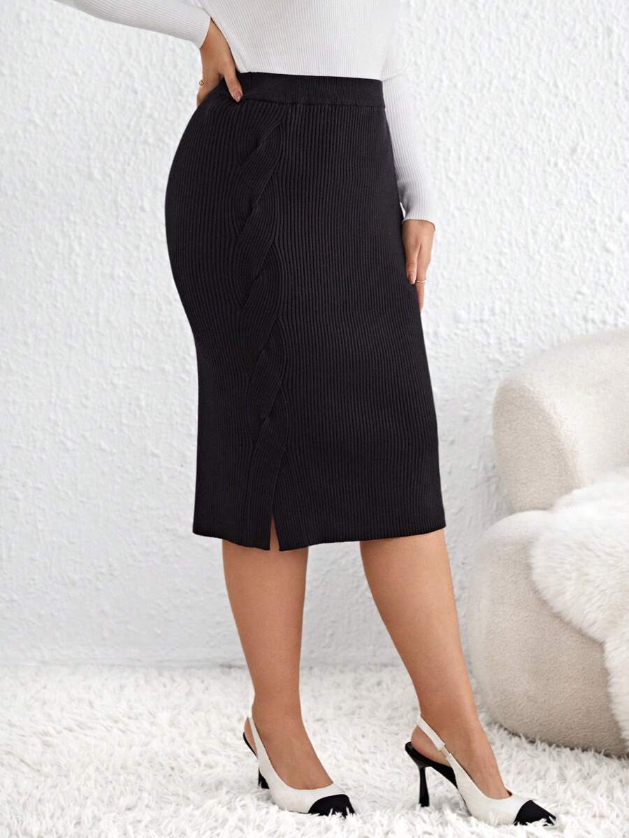 SHEIN Clasi Plus Solid Split Hem Sweater Skirt - Black - View 1