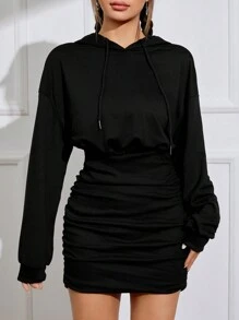 SHEIN Qutie 落肩袖抽繩連帽洋裝 - 黑色 - 查看 2