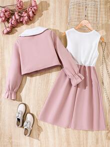 SHEIN Tween Girl Peter Pan Collar Flounce Sleeve Jacket & Dress - Pink - View 2