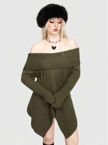 ROMWE Fairycore Jersey Con Flecos Y Hombros Descubiertos Para Mujer Con Tejido De Ochos - Verde militar - Ver 3