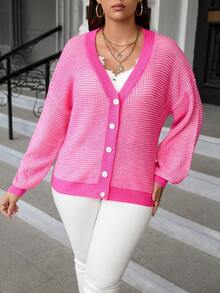 Celure 大碼落肩袖前紐扣開襟衫 - 玫紅色 - 查看 7