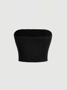 SHEIN MOD Stereo Flower Detail Crop Tube Top - Black - View 2