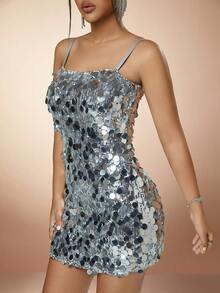 狂歡亮片裝飾緊身細肩帶俱樂部超短洋裝 - 銀色 - 查看 5