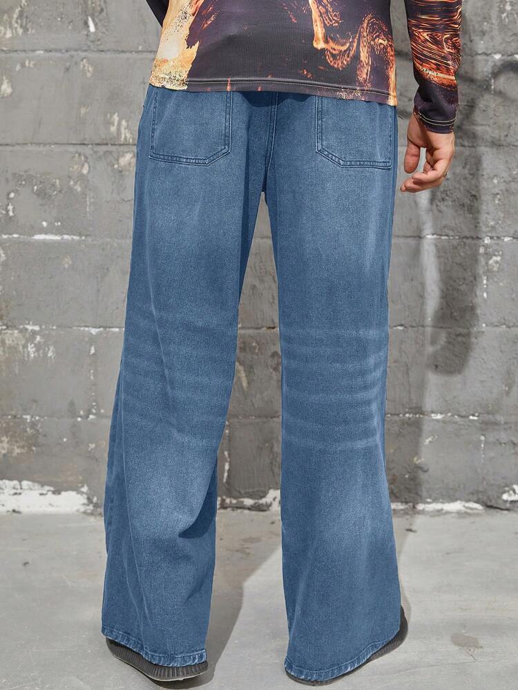 Loose Fit Men's Distressed Wide Leg Denim Jeans Without Belt