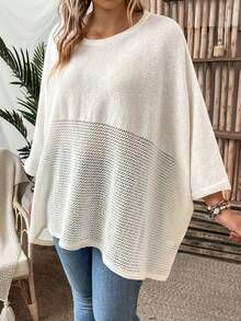 SHEIN LUNE Hơn tay cánh Viền không đối xứng Dệt kim chấm bi Áo len Poncho - Màu be - Xem 3