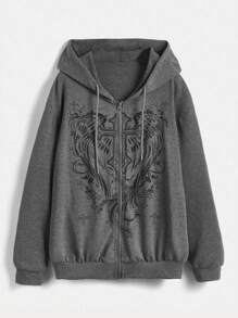 ROMWE Goth Cánh & Vượt qua Đồ họa Dây kéo Dây rút Hoodie - Xám - Xem 1