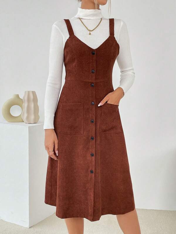 SHEIN Essnce Vestido overol con doble bolsillo con botón delantero sin jersey