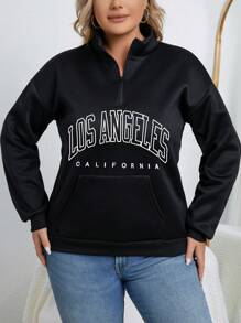 SHEIN Unity 大碼字母圖案半拉鏈落肩袖運動衫 - 黑色 - 查看 3